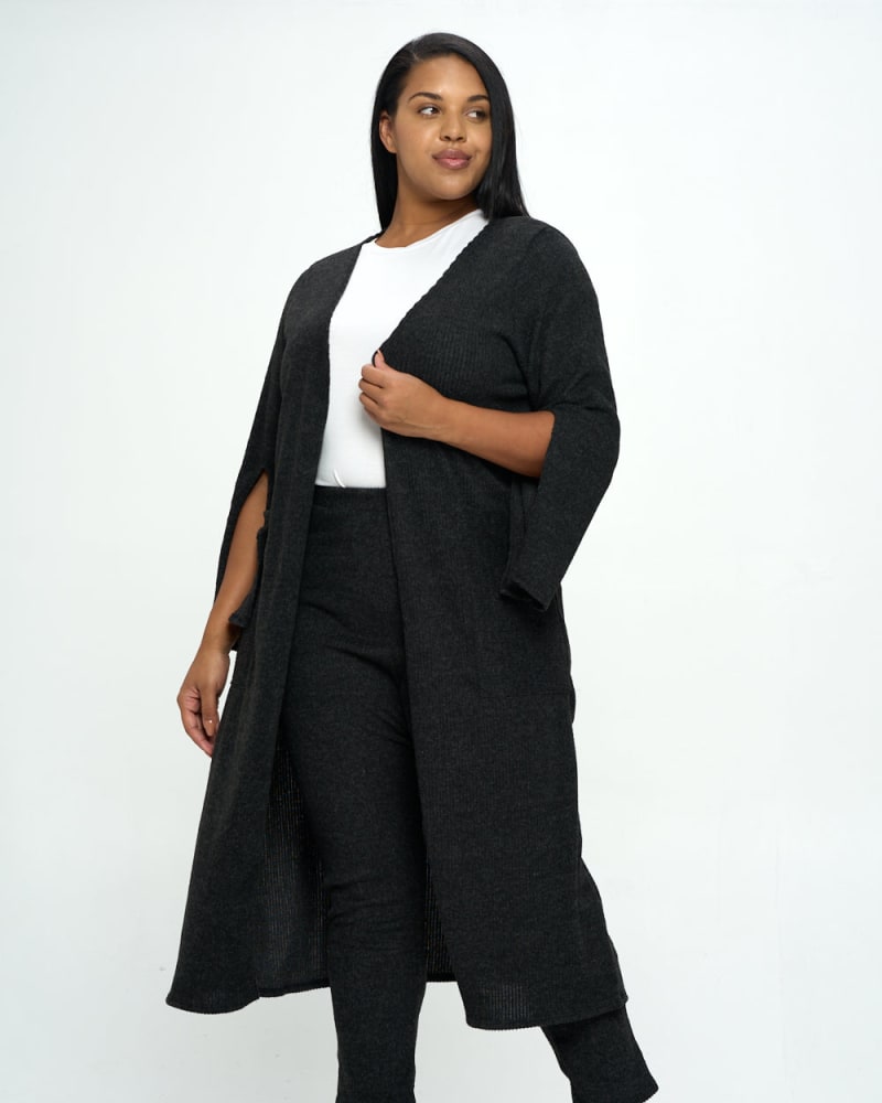 Front of a model wearing a size 1X Split Sleeve Cardigan and Pants Set in Black by L I V D. | dia_product_style_image_id:240260